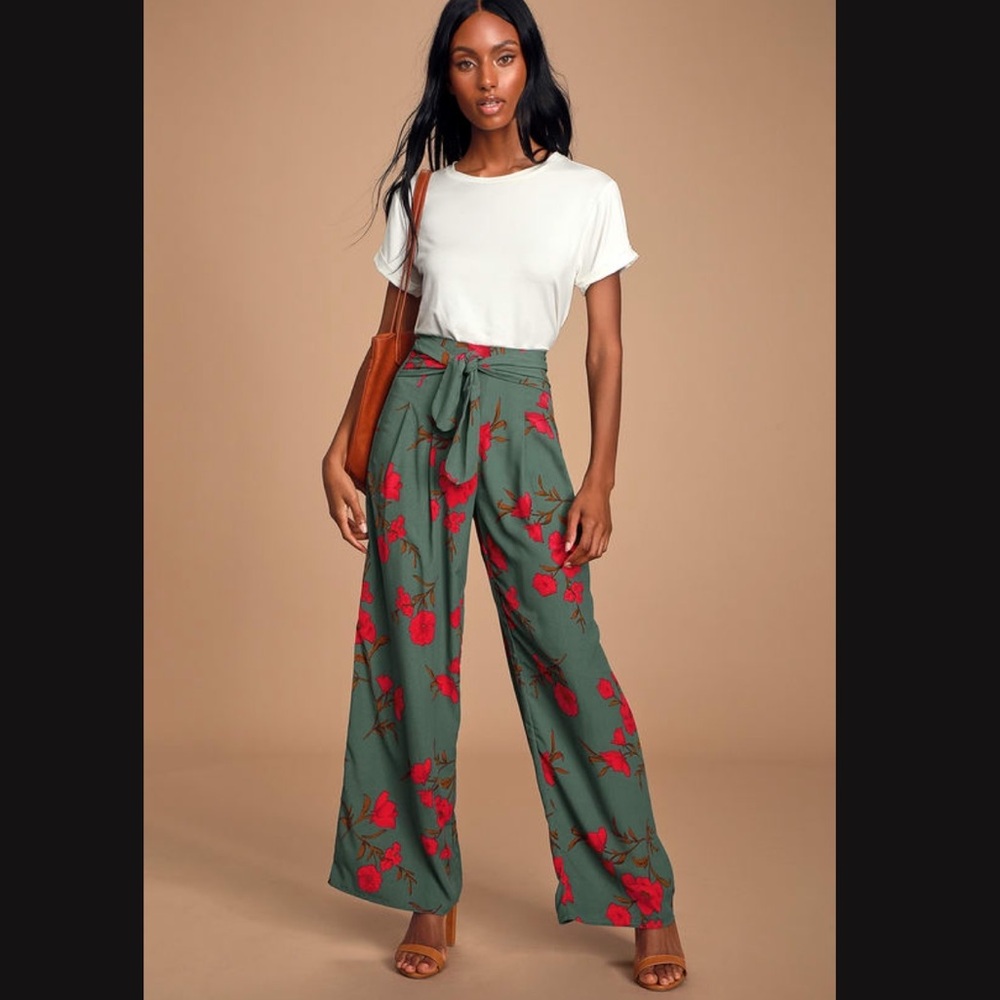 Lulus Breonna Teal Floral Print Tie-Front Wide-Leg Pants